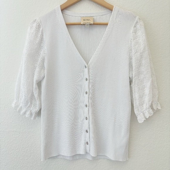 Elie Tahari Tops - Elie. Elie Tahari white ribbed button‎ down eyelet sleeve top Size Large